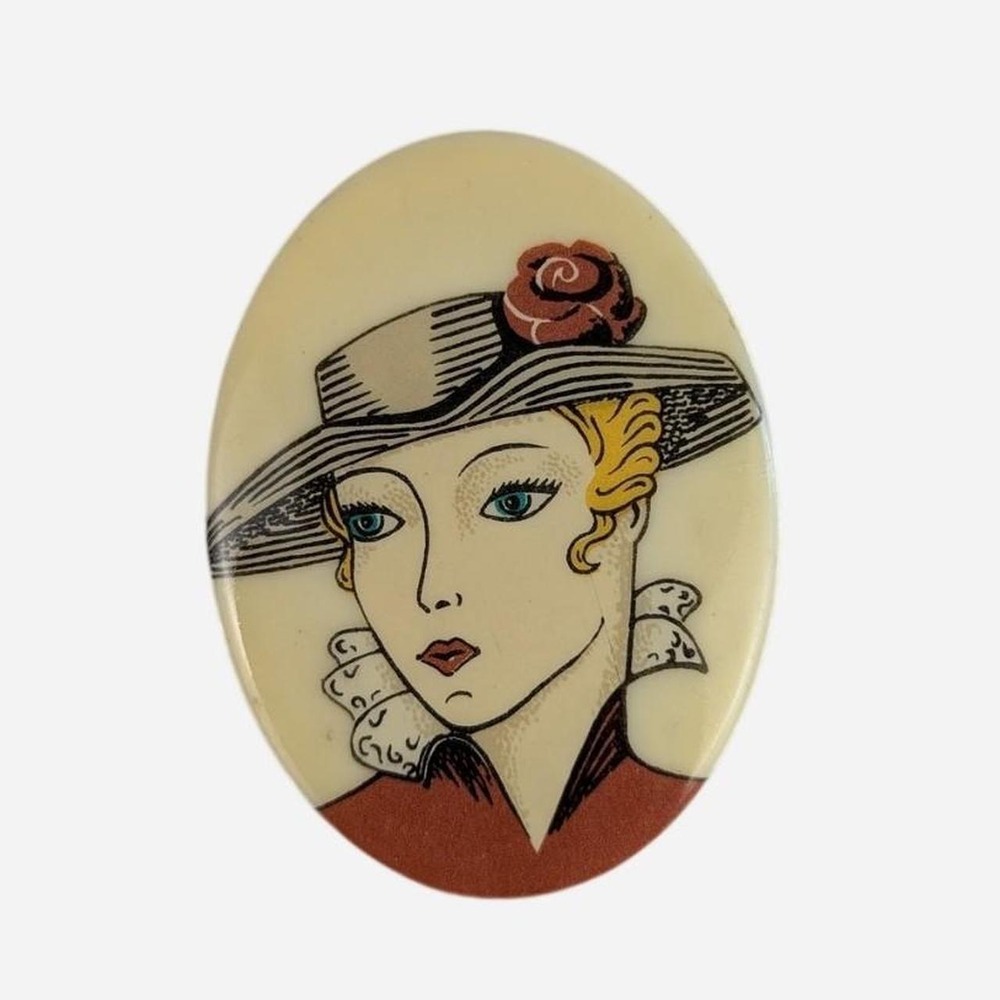 Vintage 1950s Oval Portrait Brooch Woman In Hat With Rose Lady Face Cameo